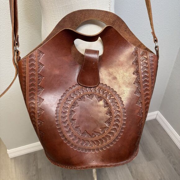 Ladies Genuine Leather Crossbody Purse Round Hand Embossed Mexican Bohemian - Picture 2 of 9